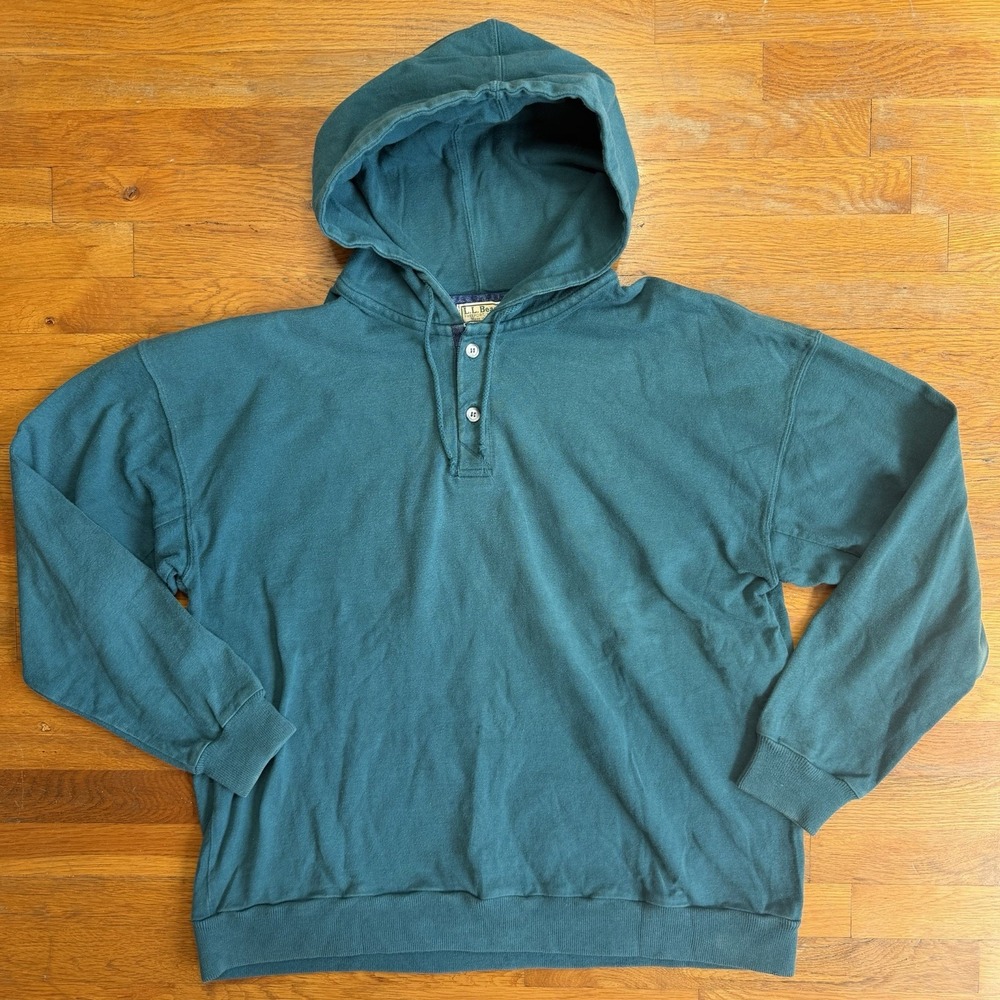 Vintage LL Bean Rugby Shirt Mens XL Green Teal Hoodie Made in USA Hooded 90s Y2K